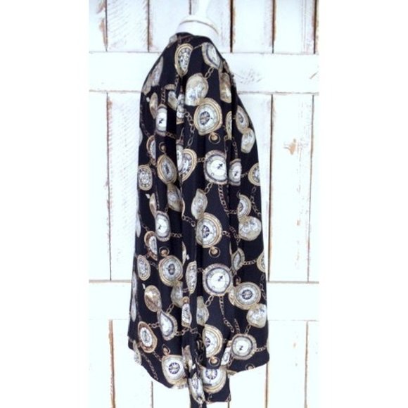 Vintage Ann Taylor Studio black silk clock watch print button down blouse - Picture 4 of 5